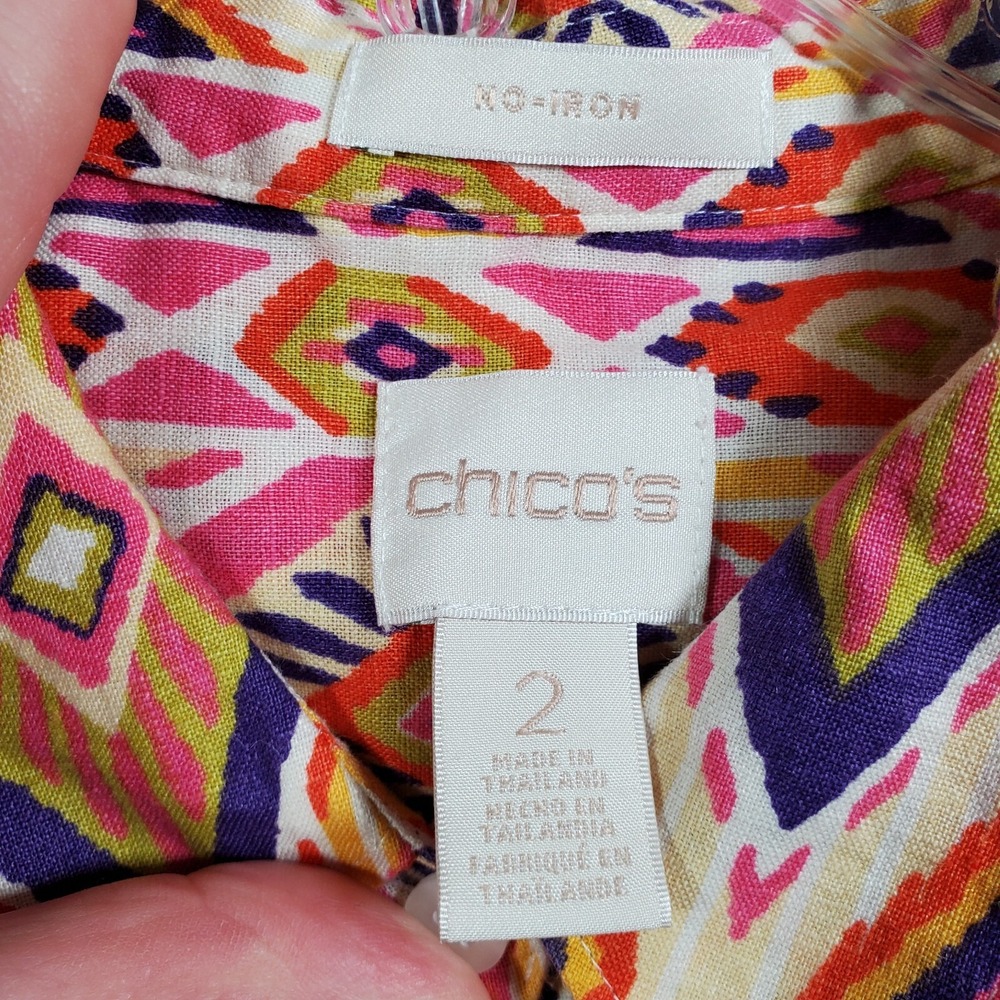 Chicos Shirt Womens M/2 Pink Ikat 100% Linen No Iron Button Back 3/4 Sleeve Boho - Picture 5 of 5
